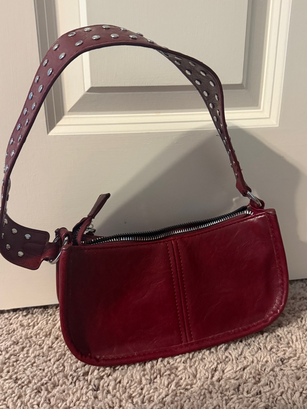 Red Leather Shoulder Bag with Studded Strap